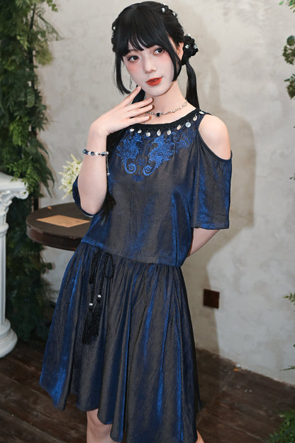 チャイナデザインオフショルダートップス+タッセルスカート