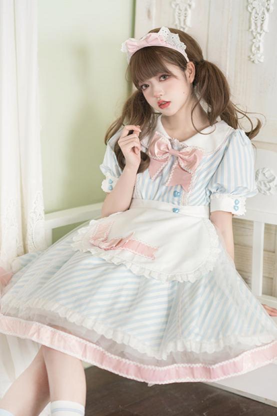 [Reservation product] Pastel Color Striped Sweet Ribbon Dress