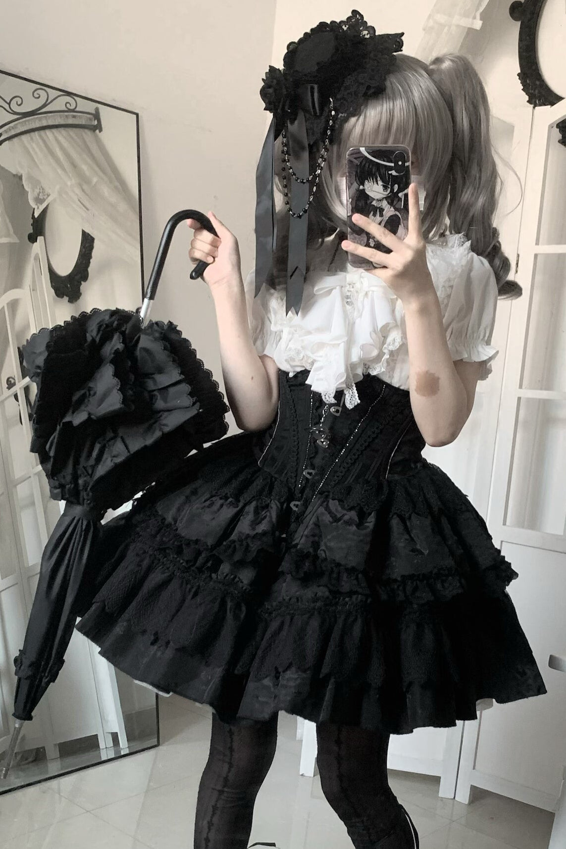 ゴシックフィッシュボーンスカート+シャツ+リボンカラー