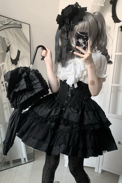 ゴシックフィッシュボーンスカート+シャツ+リボンカラー