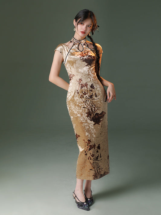 Four catties of homemade Tan Hui original new Chinese daily young sexy gold velvet modified cheongsam dress