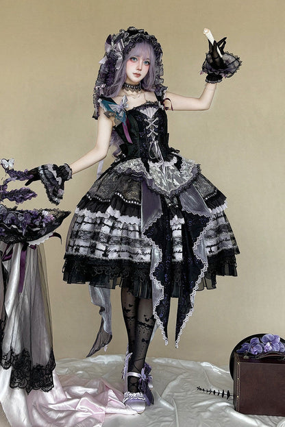 [Pre-order Deadline: August 29] Purple x Black Dark Gothic Butterfly Lace-Up Corset Bustier + Lace Ruffle Layered Skirt (with Front Ruffle Train) Matching Set + Dress Set 1/2/3