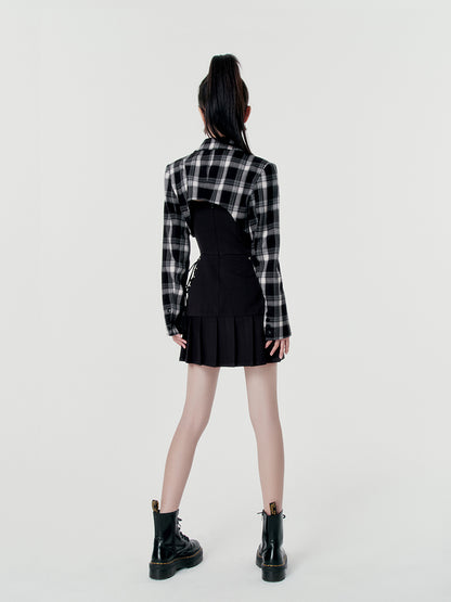 Punk rock lace-up split sass bustier dress + check short jacket