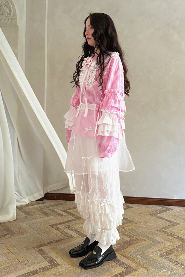 Camisa de patchwork con cuadrícula rosa muñeca