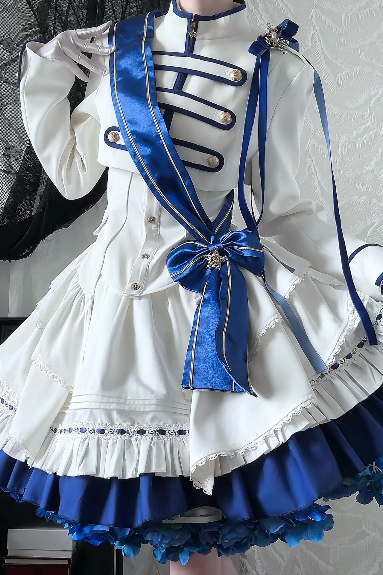 【9月13日予約締切】Blue White Military Ruffle Lolita Jacket (with epaulet bow) + Shirt + Short Skirt Set / Shorts Set + Complete set 1/2 (Officer cap + Leg covers + Sash)