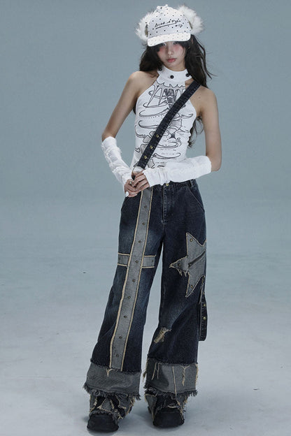 サブカルチャーホルターネックノースリーブトップス