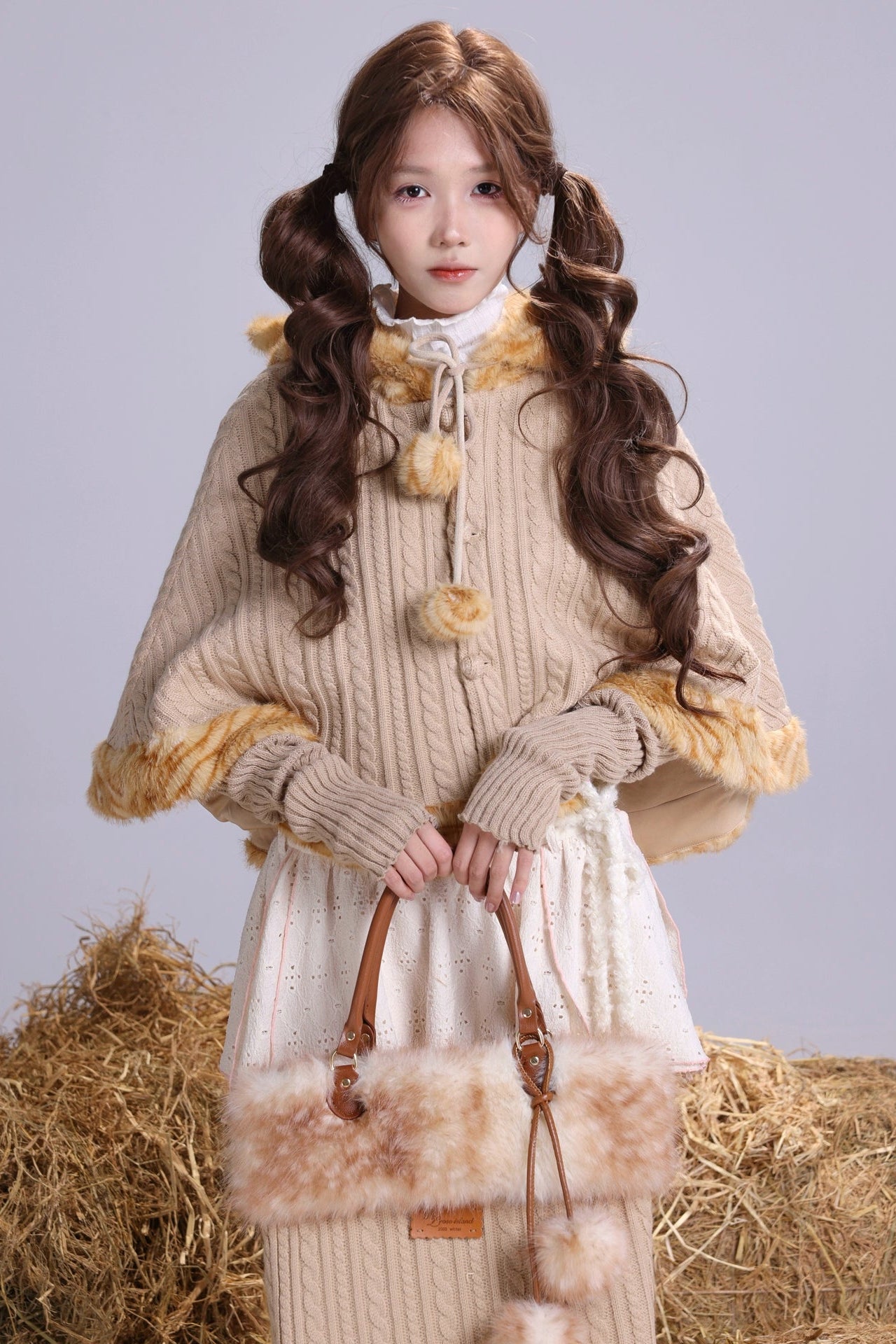 Rose island orange cat's winter fur patchwork knitted fleece versatile forest cape exclusive design