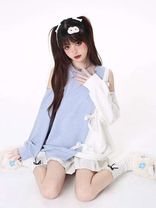 [Angel Neighborhood👼Off-the-shoulder Bow Bicolor Asymmetrical Pullover