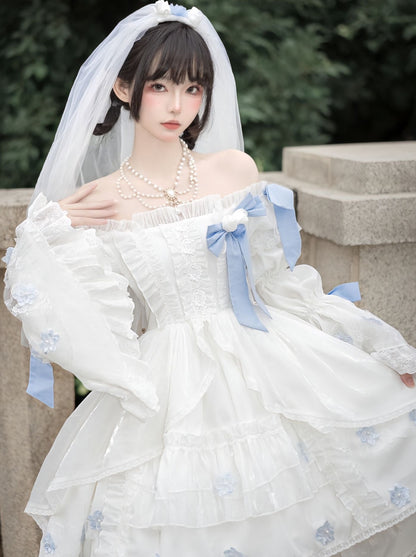 Robe de lolita en jacquard crémeux robe de lolita fée mignonne avec nœud dans une robe de princesse escape pong