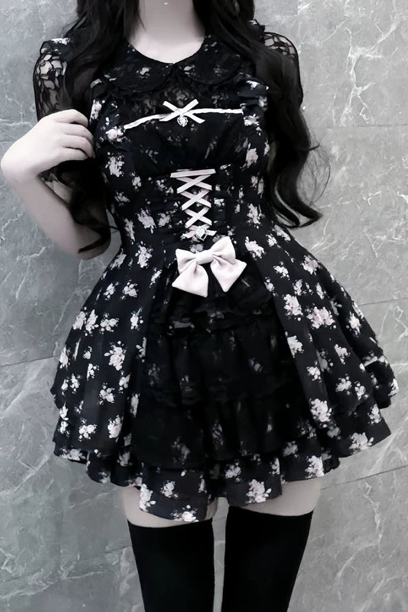 【9月2日予約締切】Black Pink Floral Layered Lace Dress＋Matching Shorts ＋ Bow Hairclips ＋ Bow Tie[Full set]