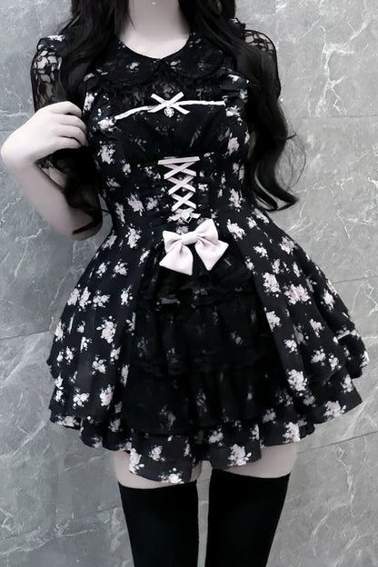 【9月2日予約締切】Black Pink Floral Layered Lace Dress＋Matching Shorts ＋ Bow Hairclips ＋ Bow Tie[Full set]
