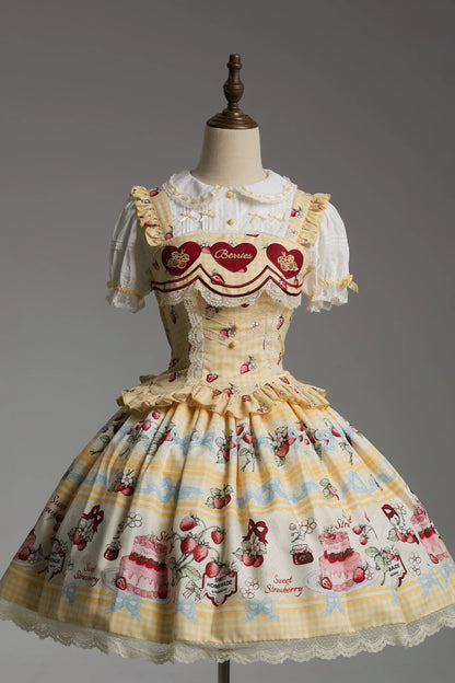 [Vorbestellung bis 14. März] Castle-Strawberry-Süß-Lolita-Hosenträgerrock + Oberteil + Unterhemd + Stirnband + Band