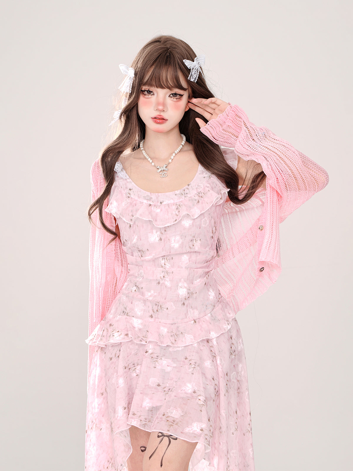 Milky Sweet Floral Ruffle Irregular Long Dress + Sheer Cardigan