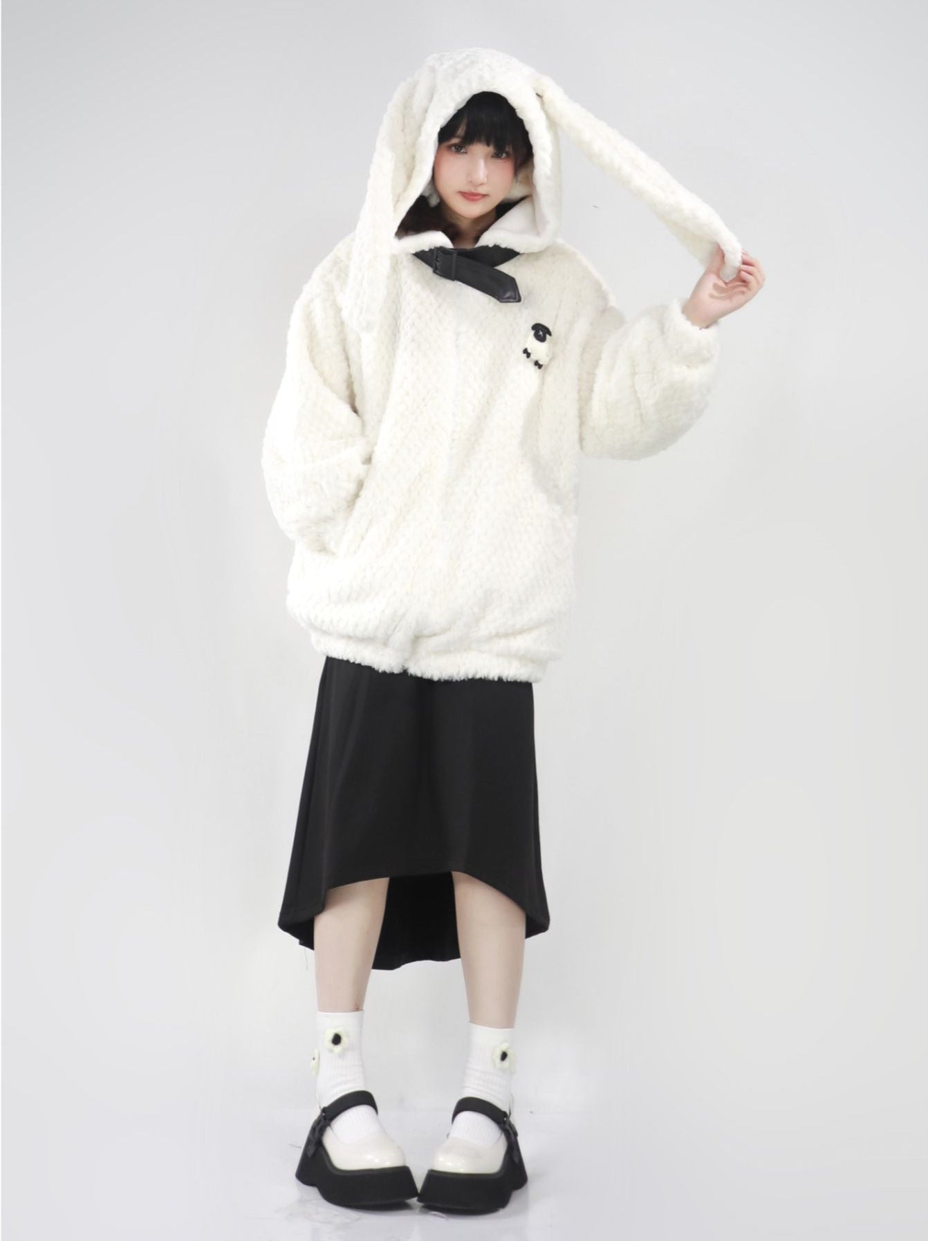 Bunny ears hoodie & sailor faux fur coat + off the shoulder sheep print top + skirt