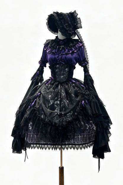 【11月25日予約締切】Gothic Lolita Frill Lace Puff Sleeve Satin Shirt + Skeleton Lace Layered Corset Skirt + Detachable Bell Sleeves + Bonnet Set