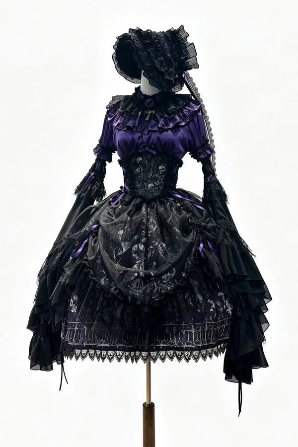 【11月25日予約締切】Gothic Lolita Frill Lace Puff Sleeve Satin Shirt + Skeleton Lace Layered Corset Skirt + Detachable Bell Sleeves + Bonnet Set