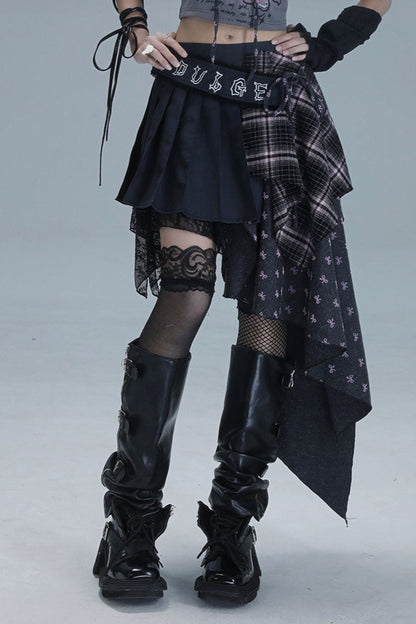 チェック柄パッチワークアシメプリーツスカート