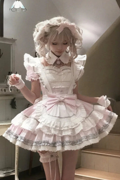 [Pre-Order] Pink Sweet Lolita Ruffle Maid Dress Set (Detachable Collar with Bells + Waist Apron with Ribbon + Back Ribbon + Leg Rings)