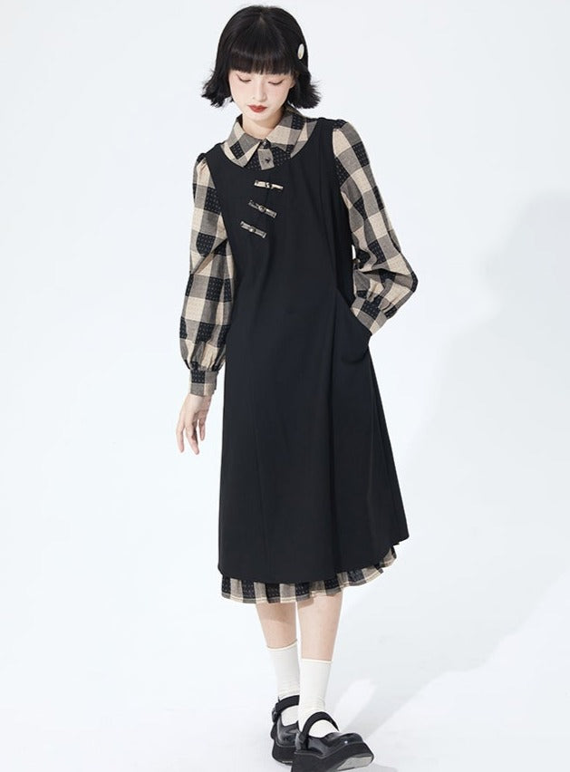 Lantern Sleeveless Lapel Check Dress