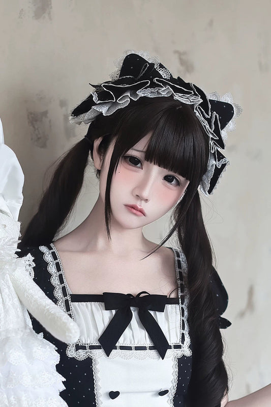 【6月29日予約締切】ヴィンテージブラック×ホワイトポルカドットシリーズアクセサリー（猫耳ヘアバンド・レッグウォーマー・猫耳レッグリング）