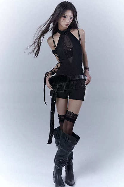 ダークモードノースリーブトップス+インナー+ベルト