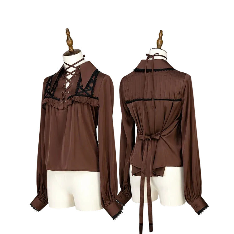 【12月29日予約締切】ゴシックロリータポインテッドカラーアンドレースアップリボンフリルシャツ