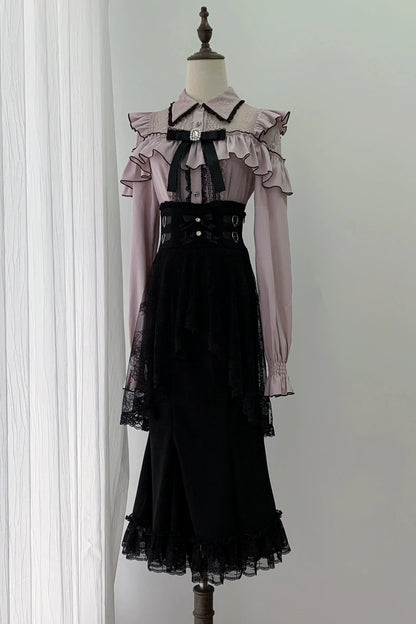 [Termine prenotazione 29 settembre] Blusa rosa in pizzo trasparente con volant e fiocco gioiello + gonna a sirena in tulle a strati + minigonna in pizzo con fiocco gioiello