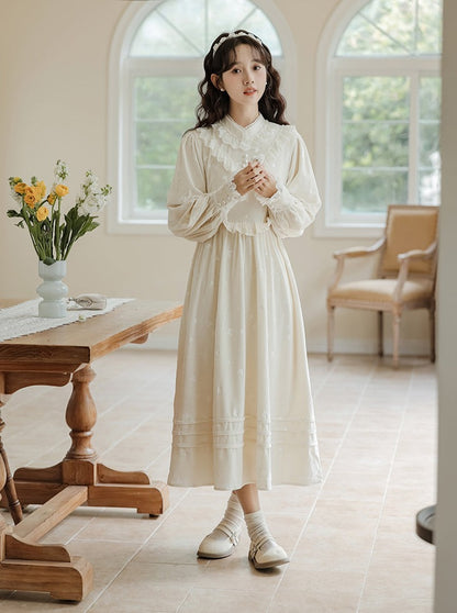 Milk Ruffle Flared Long Dress + Garden Cardigan