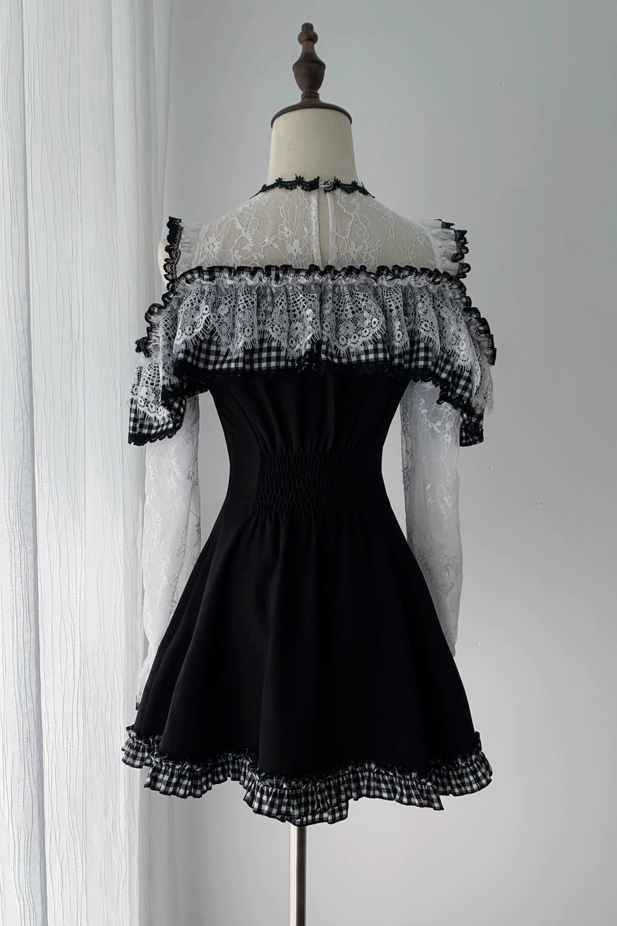[Pre-order Deadline: November 15] Black and White Gingham Cold-Shoulder Long-Sleeve Lace Dress + Shorts + Bow Tie Set