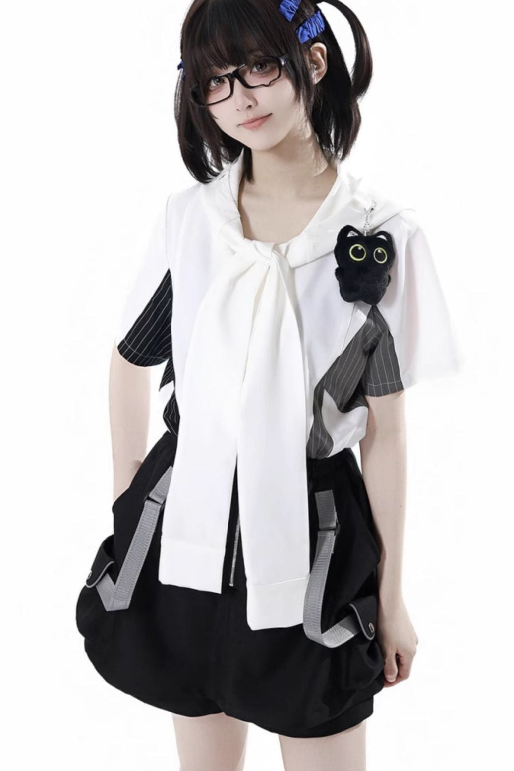 Casual stripe stitch design shirt + hooded shirt + + half pants + culottes + tie