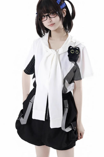 Casual stripe stitch design shirt + hooded shirt + + half pants + culottes + tie