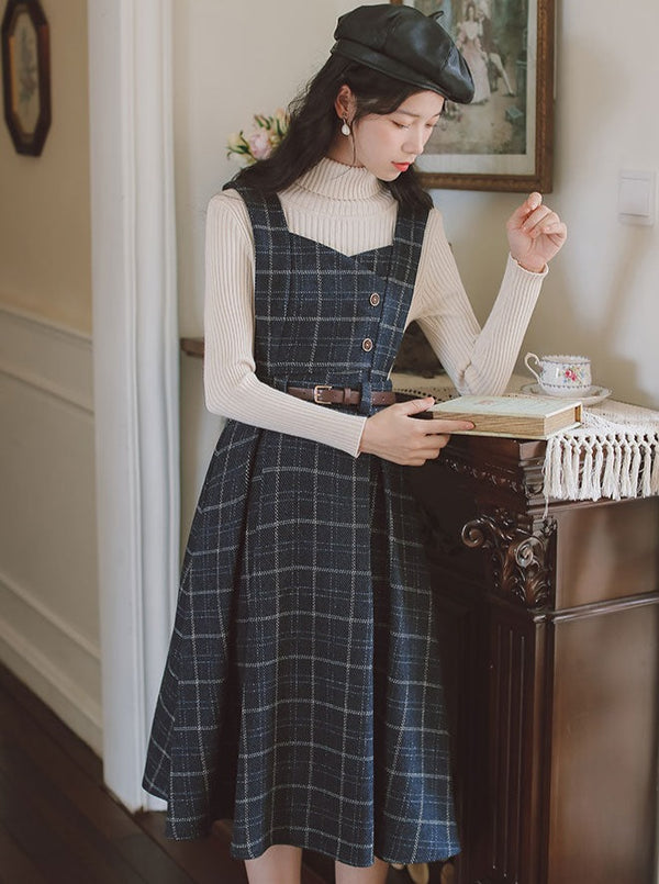 High Neck Rib Knit + Checked Suspender Skirt