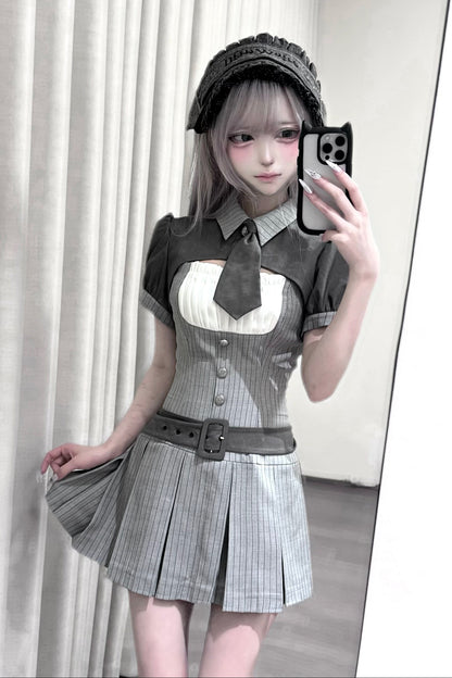 【4月15日予約締切】グレーピンストライプタイカラーショートジャケットドレスフルセット＋ジュエルキャスケット