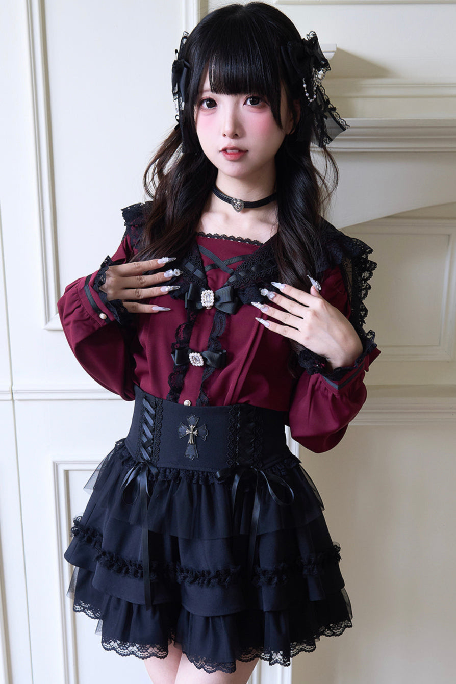 Sailor collar lace ribbon shirt