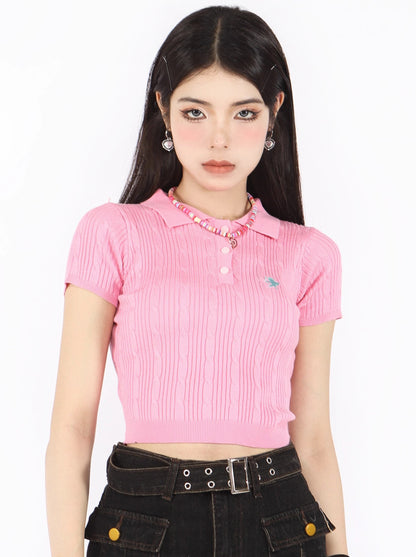 American retro short polo color knit T -shirt