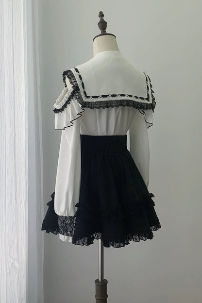 【8月15日予約締切】ブラック×ホワイトレースセーラーゴシックオープンショルダーリボンシャツ＋パールチェーンフリルスカート