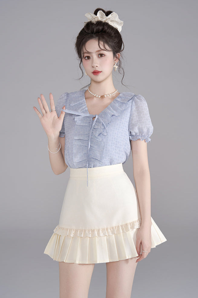French V-Neck Ruffle Blouse + Ruffle Skirt