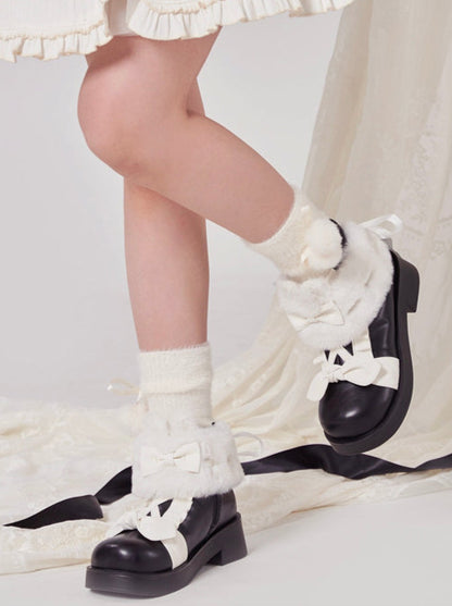 Snow Lolita Mid Heel Color Block Ribbon Sweet Velvet Short Boots