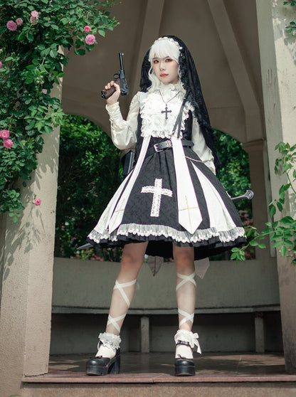 Cross Elegant Lolita Dress + Short Jacket + Hairband + Veil + Collar