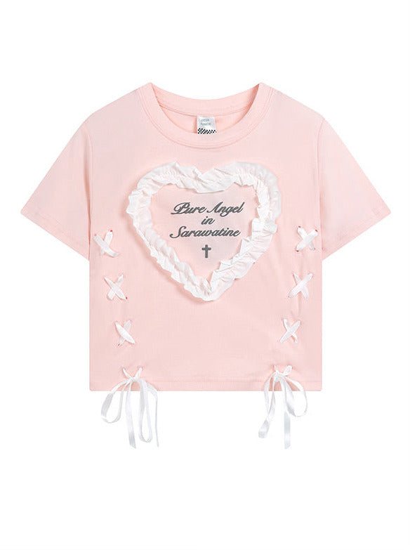 Love Lace Edge Letter Strap T-Shirt