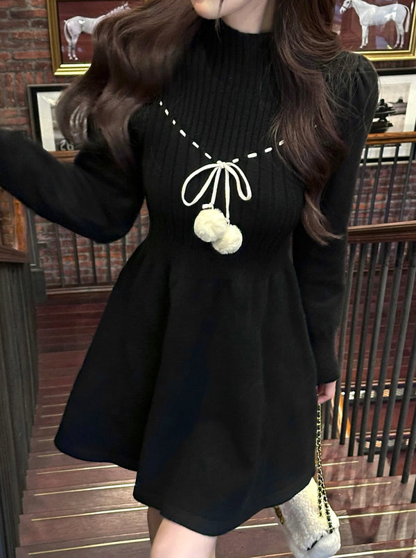 French Black Turtle neck knit dress