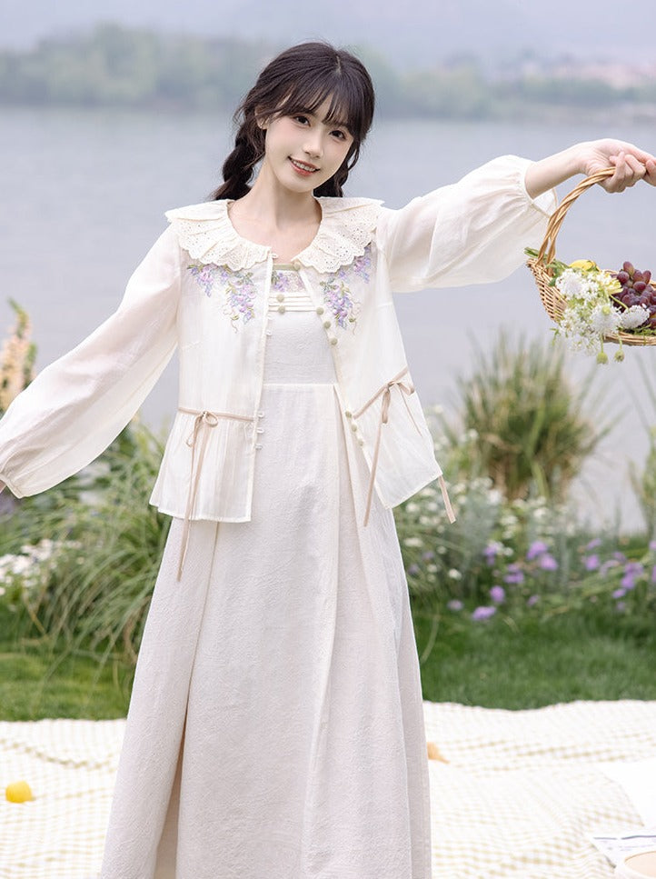 Chuan Dai time : under grapevine round neck placket national style grape embroidery girly Han element daily suit