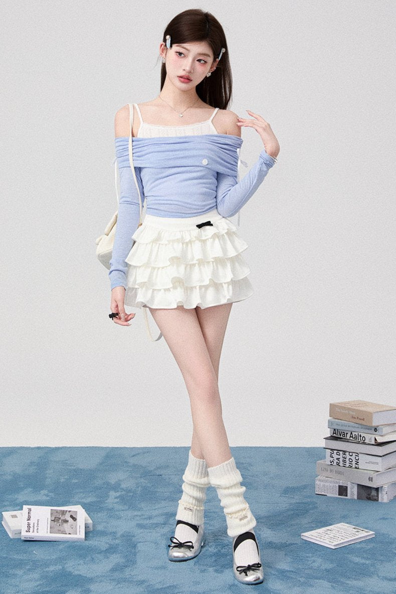 Bowan Shoulder Knit Tops + Pleated Skirt + Ribbon Cake Skirt