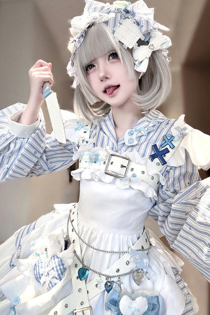 【11月5日予約締切】Blue White Striped Medical Lolita Nurse Sickly Kawaii Dress Suit Full Set (Shirt + Skirt + Apron + Back Ribbon + Leg Covers)