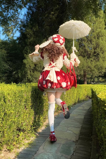 キノコドールワンピース+リボンフリルエプロン+フリルスリーブ+うさ耳ハット