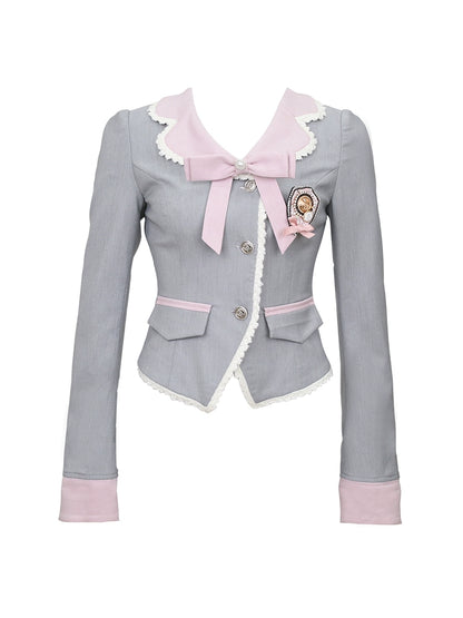 Gray-Pink College Jacket + Ruffle Short Skirt