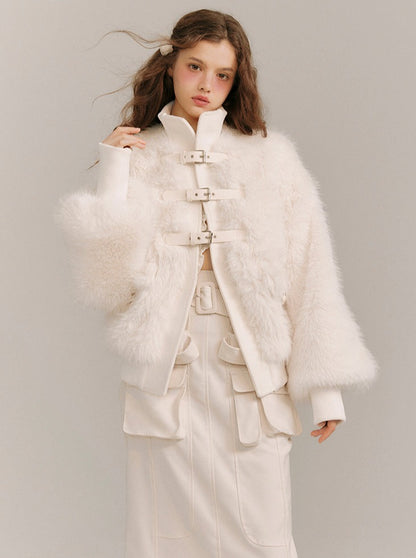 Soft light leather buckle wrap fur coat