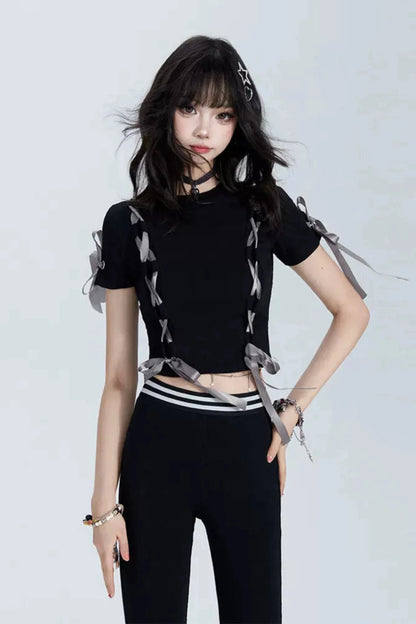 Unique bow tie crop T -shirt+skirt+pants+leg cover