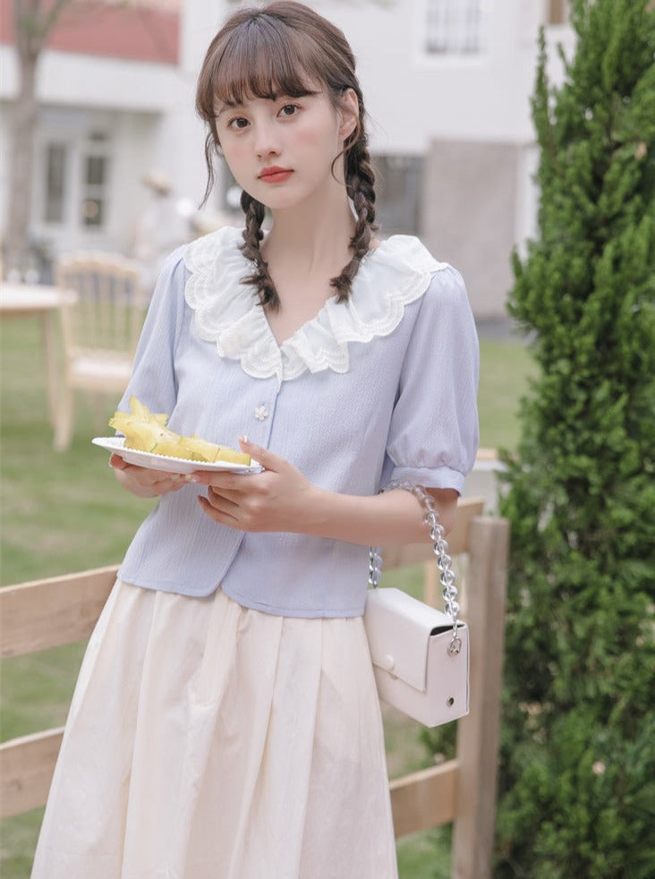 Puff sleeves French lace color shirt