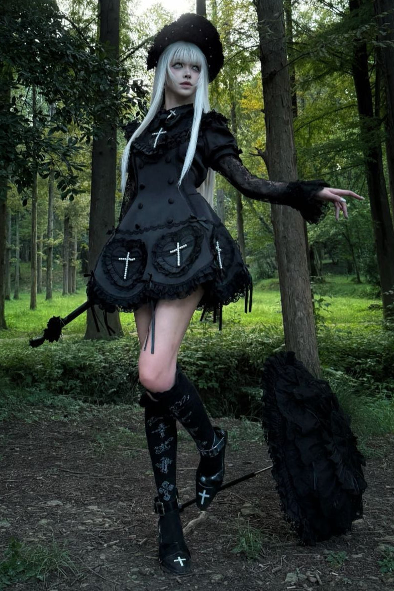 【12月6日予約締切】Night Crossダークエレガントゴシックロリータジュエルリボンケープ＋ショートドレス